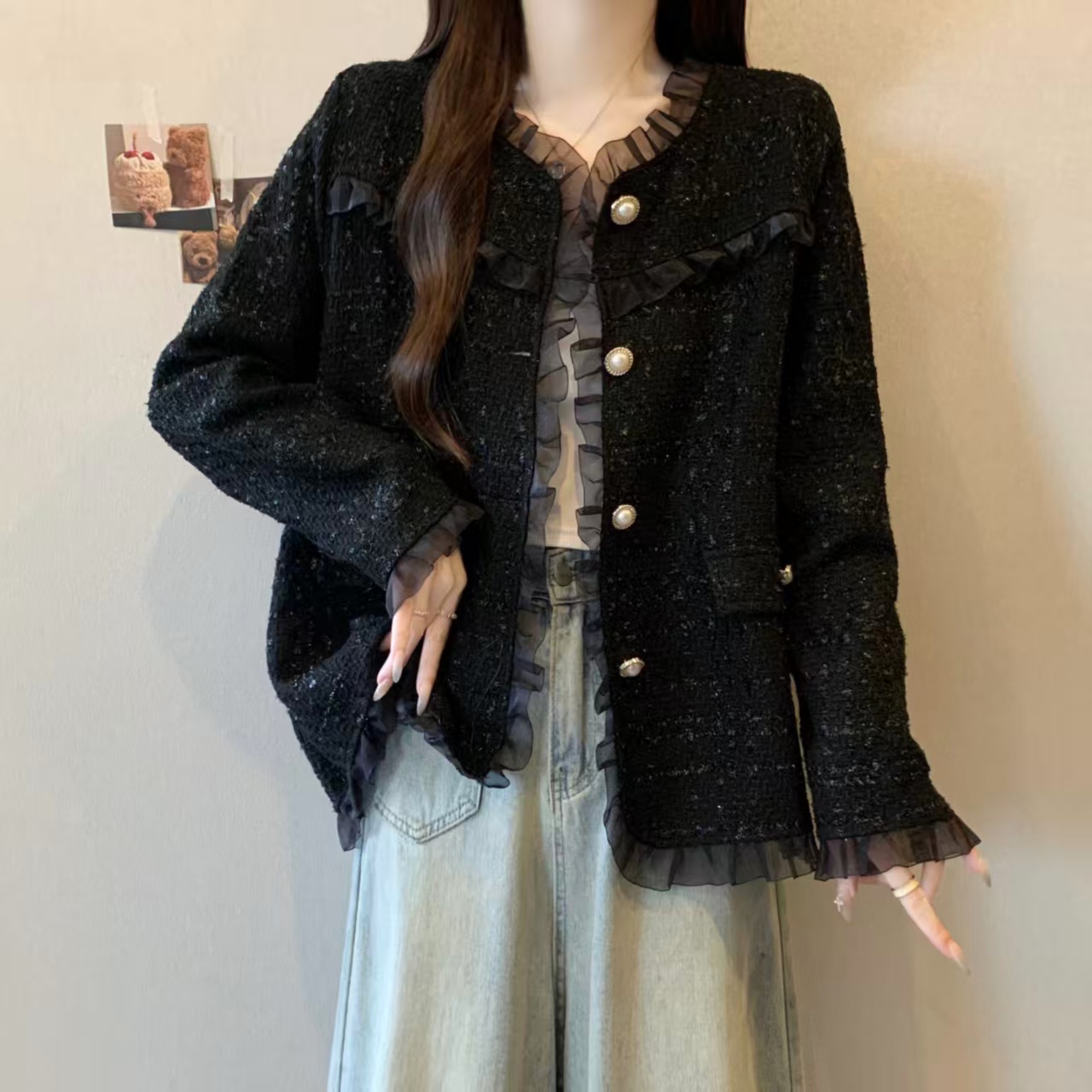MY13642# 荷叶边长袖小香风外套胖妹妹款显瘦百搭洋气上衣女裝貨源服裝...