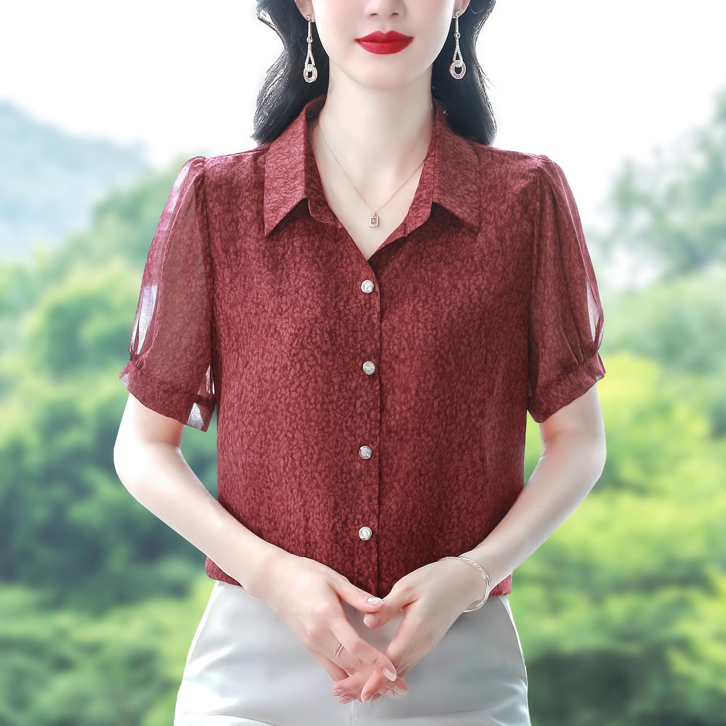 夏新款真絲桑蠶絲雪紡翻領開衫寬松柔軟舒適百搭上衣女薄時尚顯瘦