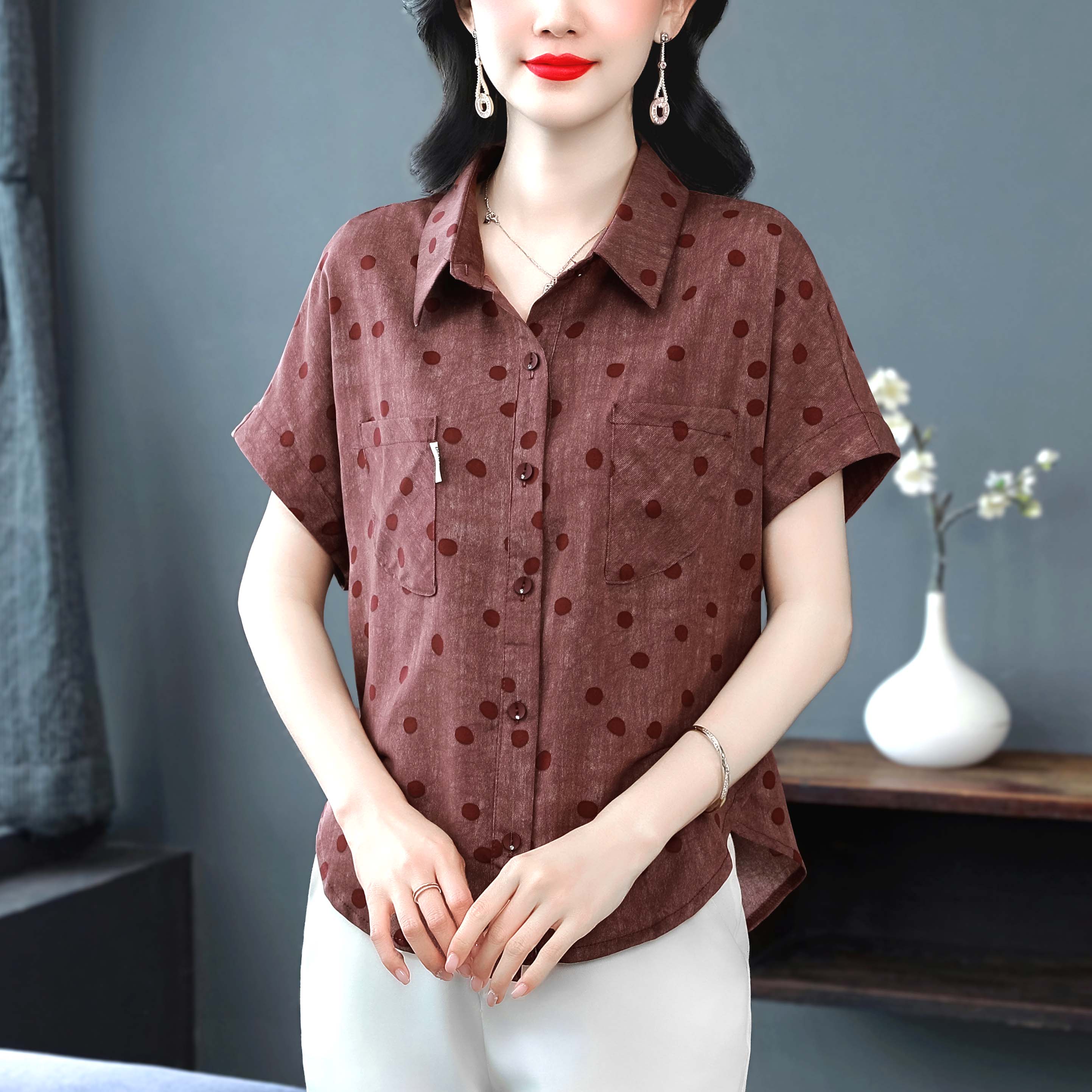 夏新款翻領開扣蝙蝠袖襯衫設計感寬松舒適百搭時尚顯瘦女上衣遮肉