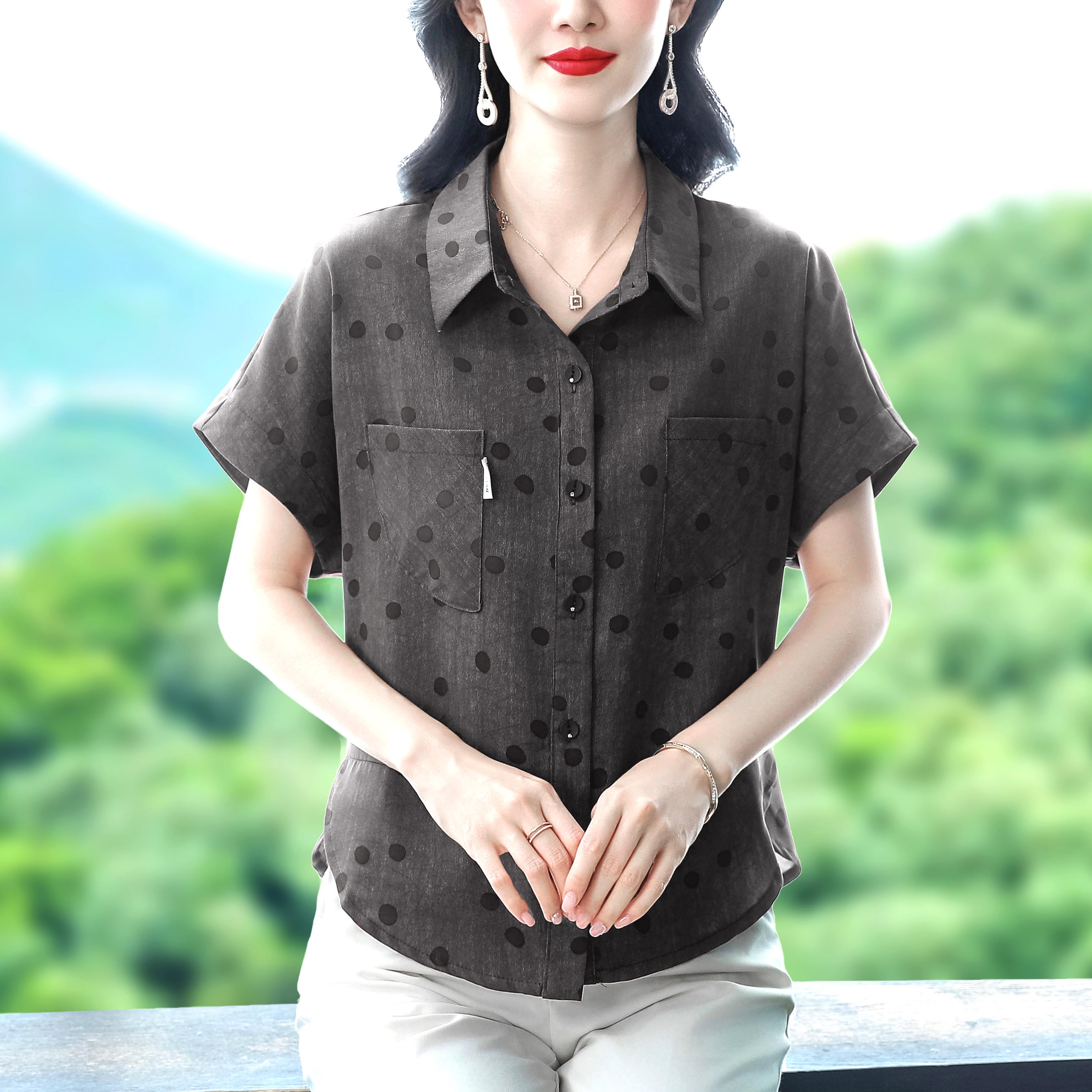 夏新款翻領開扣蝙蝠袖襯衫設計感寬松舒適百搭時尚顯瘦女上衣遮肉