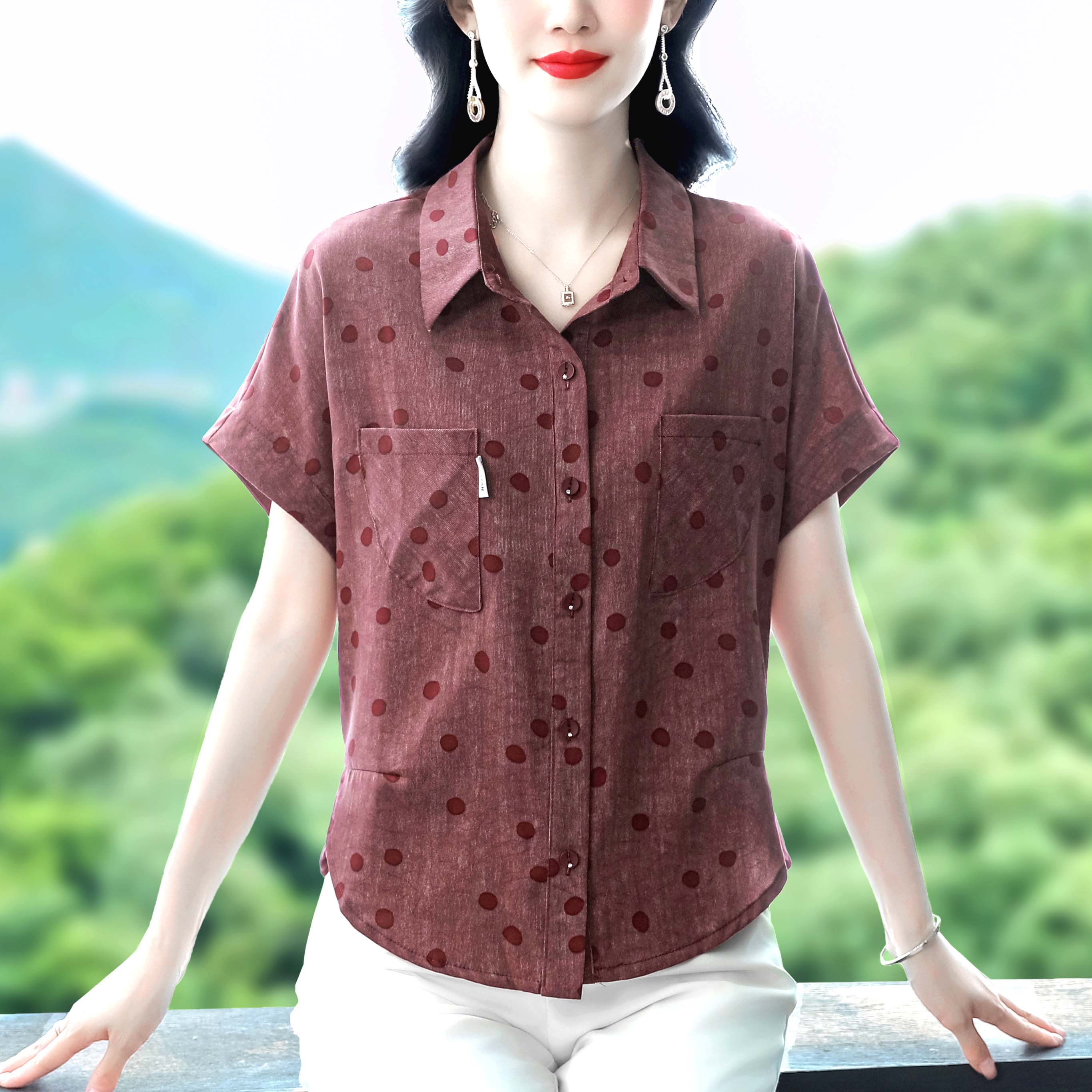 實拍夏新款翻領開扣蝙蝠袖襯衫設計感寬松舒適百搭時尚顯瘦女