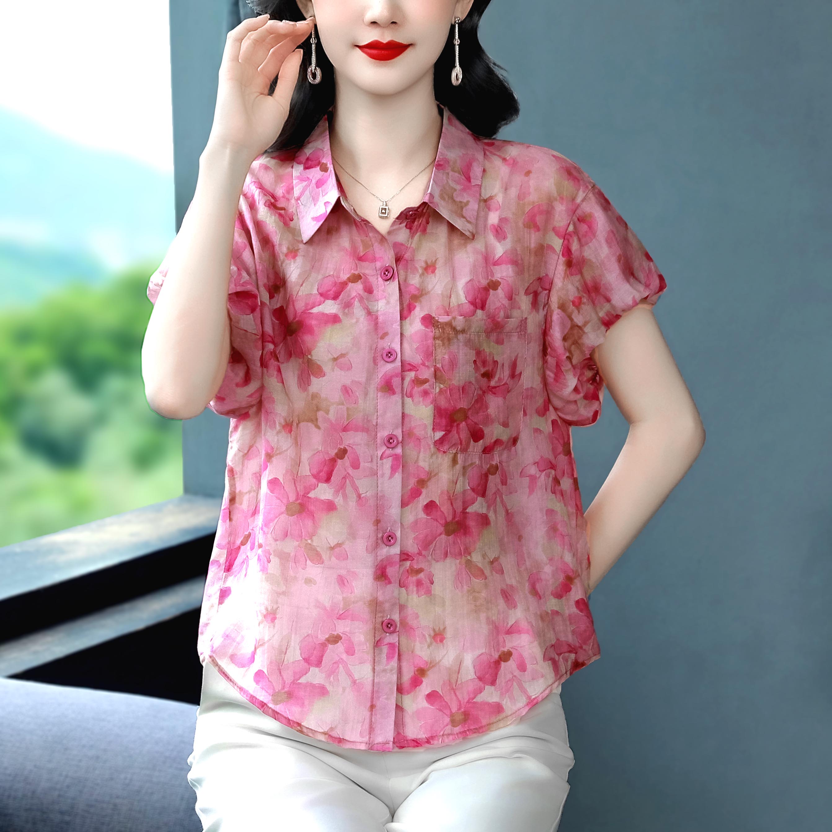 實拍夏新款天絲棉麻印花翻領開扣襯衫時尚遮肉顯瘦泡泡袖大碼