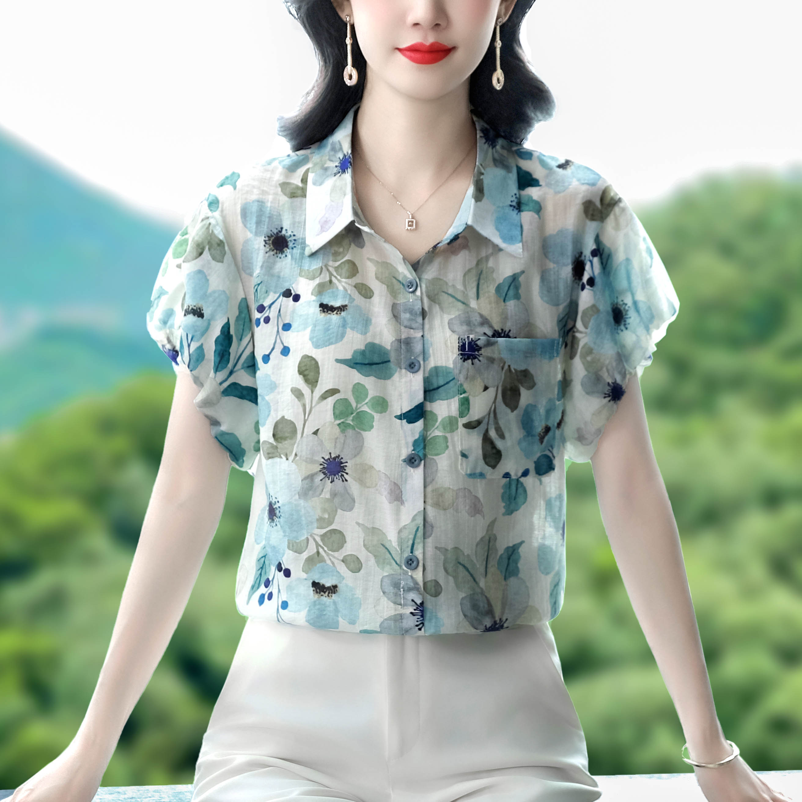夏新款天絲棉麻印花翻領開扣襯衫時尚遮肉顯瘦泡泡袖大碼上衣超薄