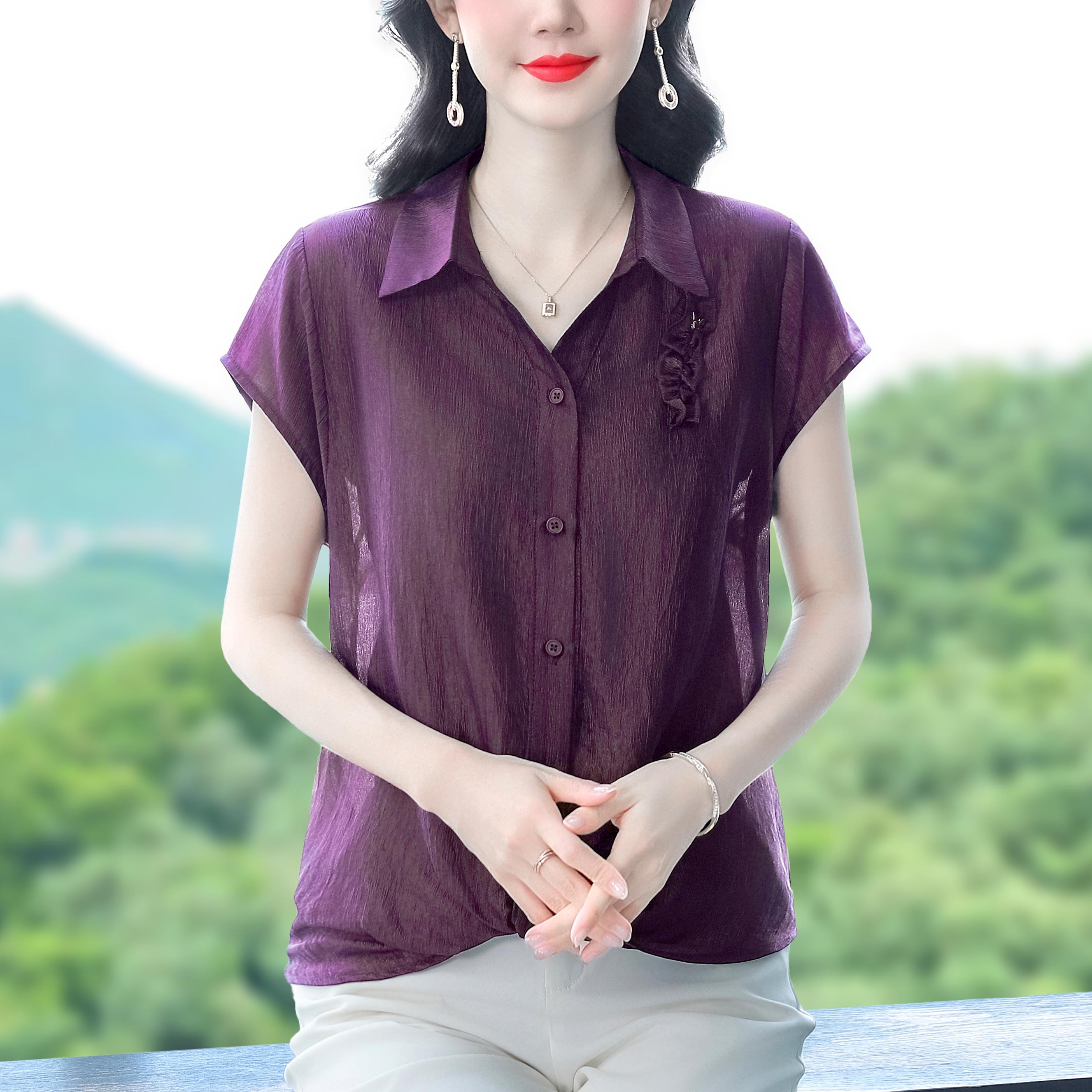 夏新款翻領襯衫時尚小飛袖冰涼絲寬松舒適百搭遮肚子大碼上衣潮