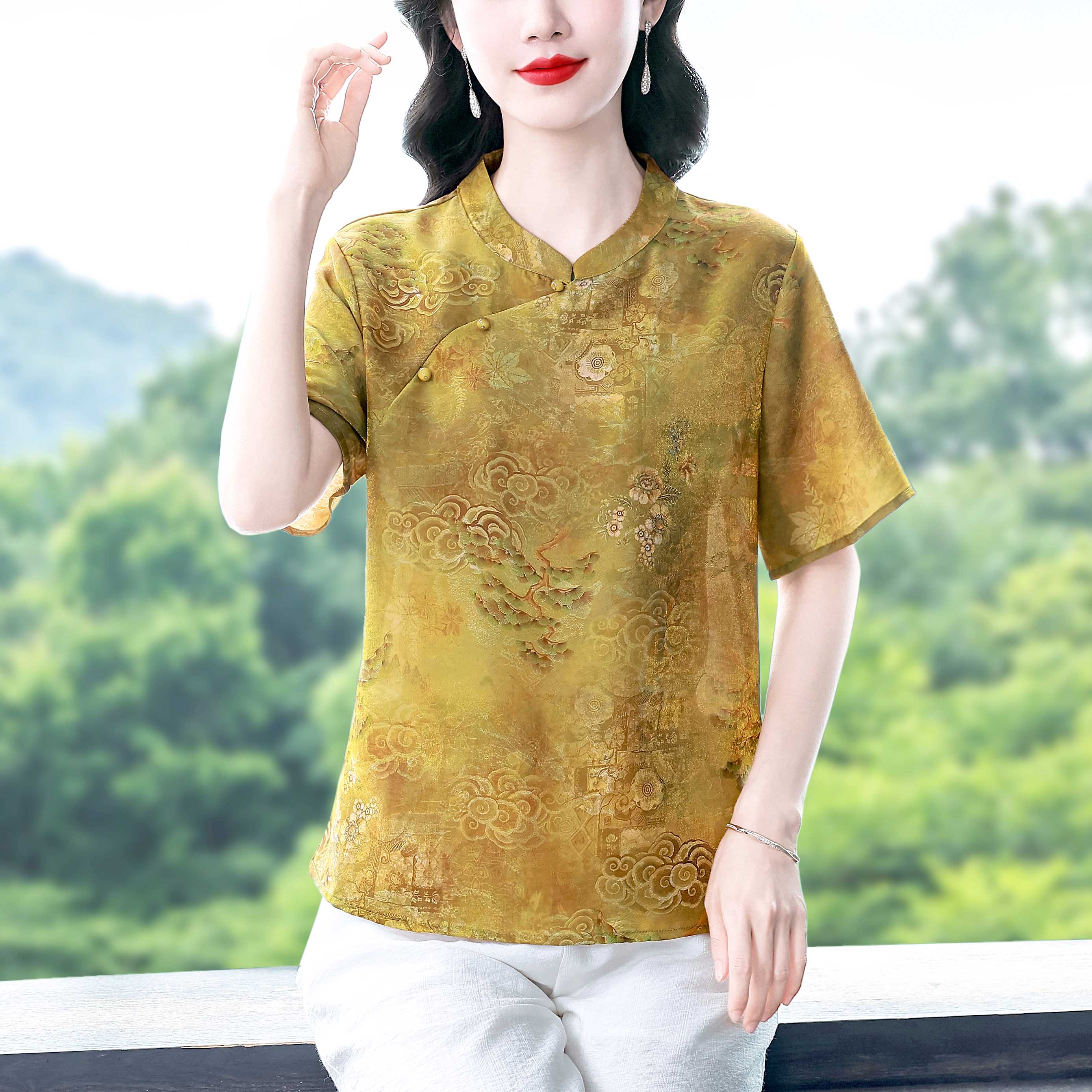 實拍春夏新款國風新中式立領簡約百搭緞面浮光錦寬松上衣大碼女