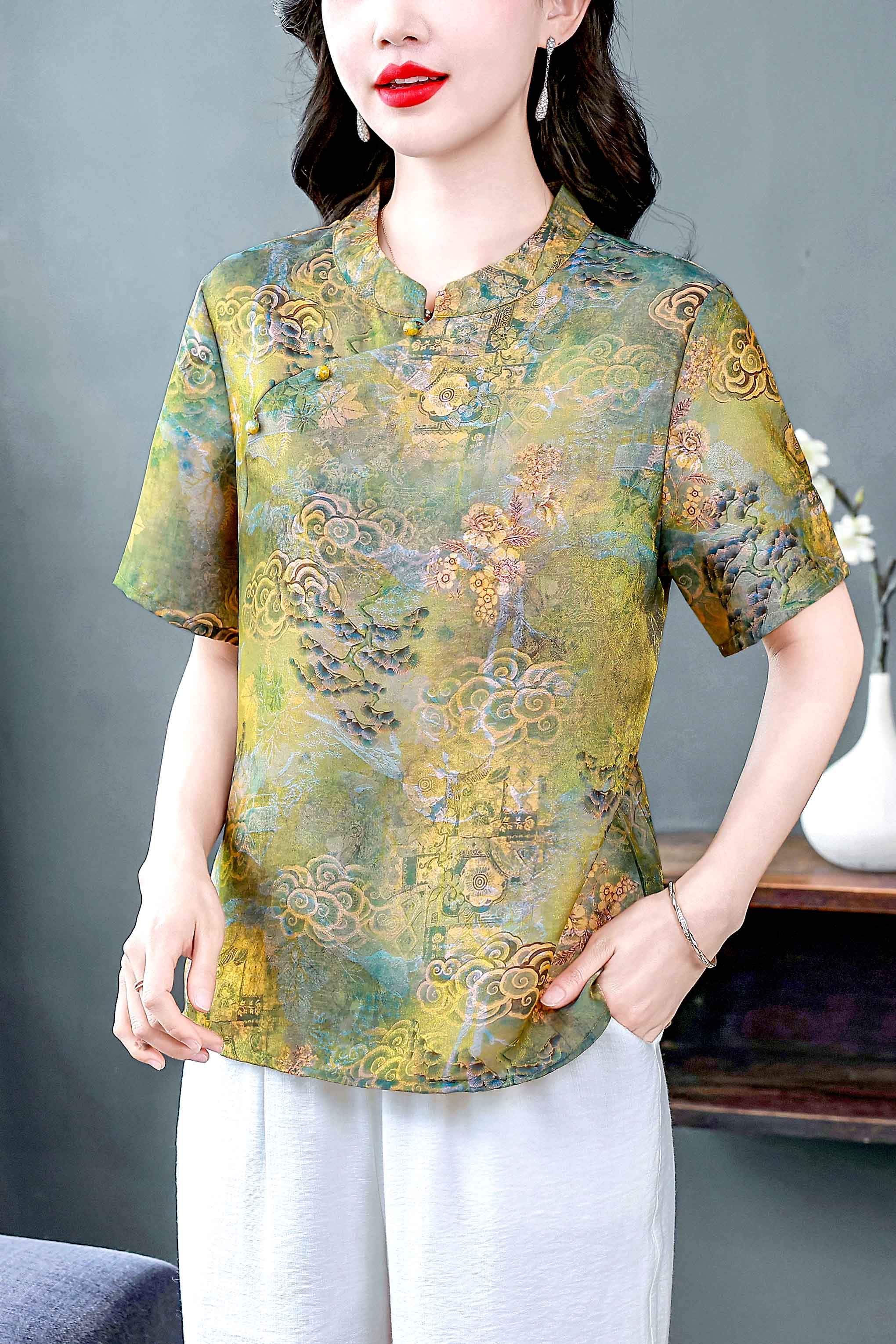 實拍春夏新款國風新中式立領簡約百搭緞面浮光錦寬松上衣大碼女