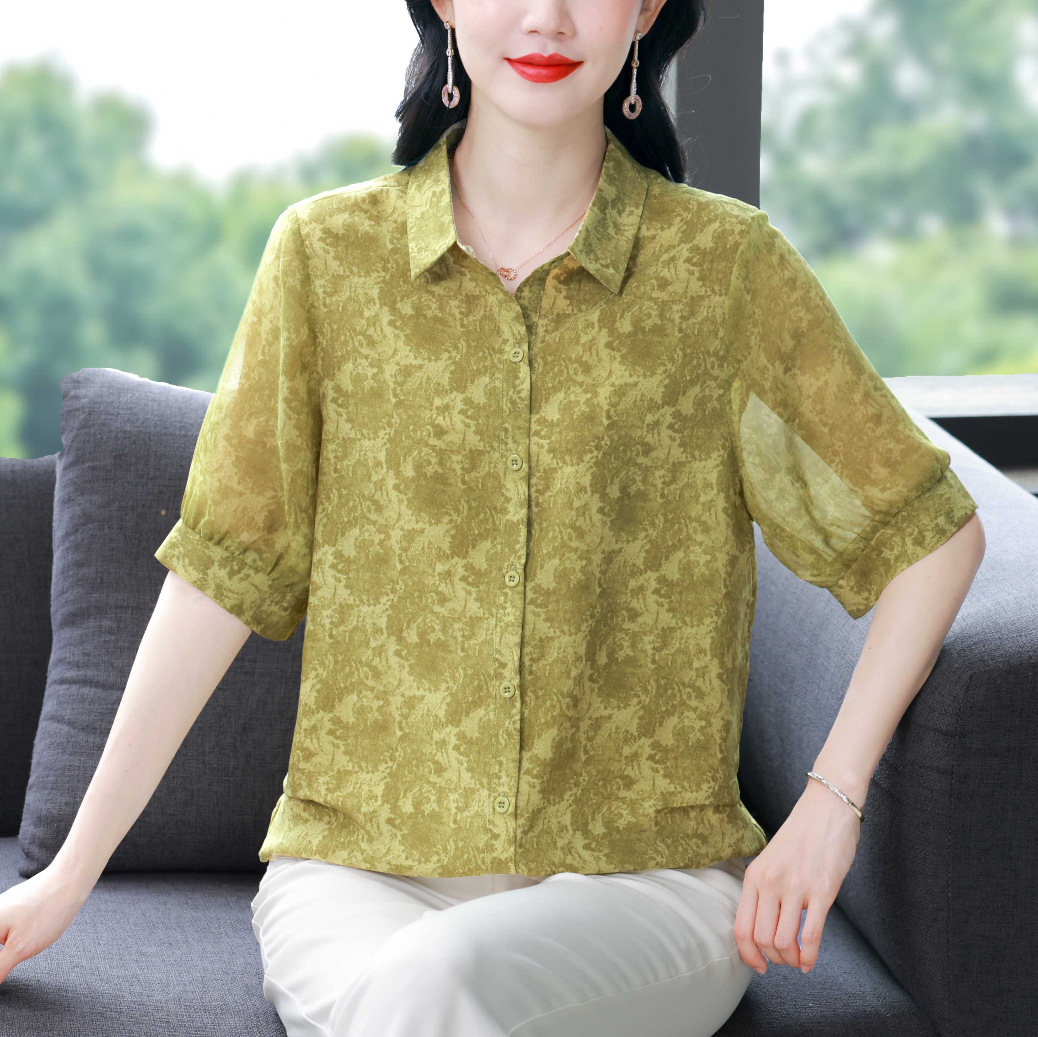 RY3530# 春夏新款七分袖真丝桑蚕丝雪纺翻领开襟衬衫防晒气质显瘦遮肚上衣