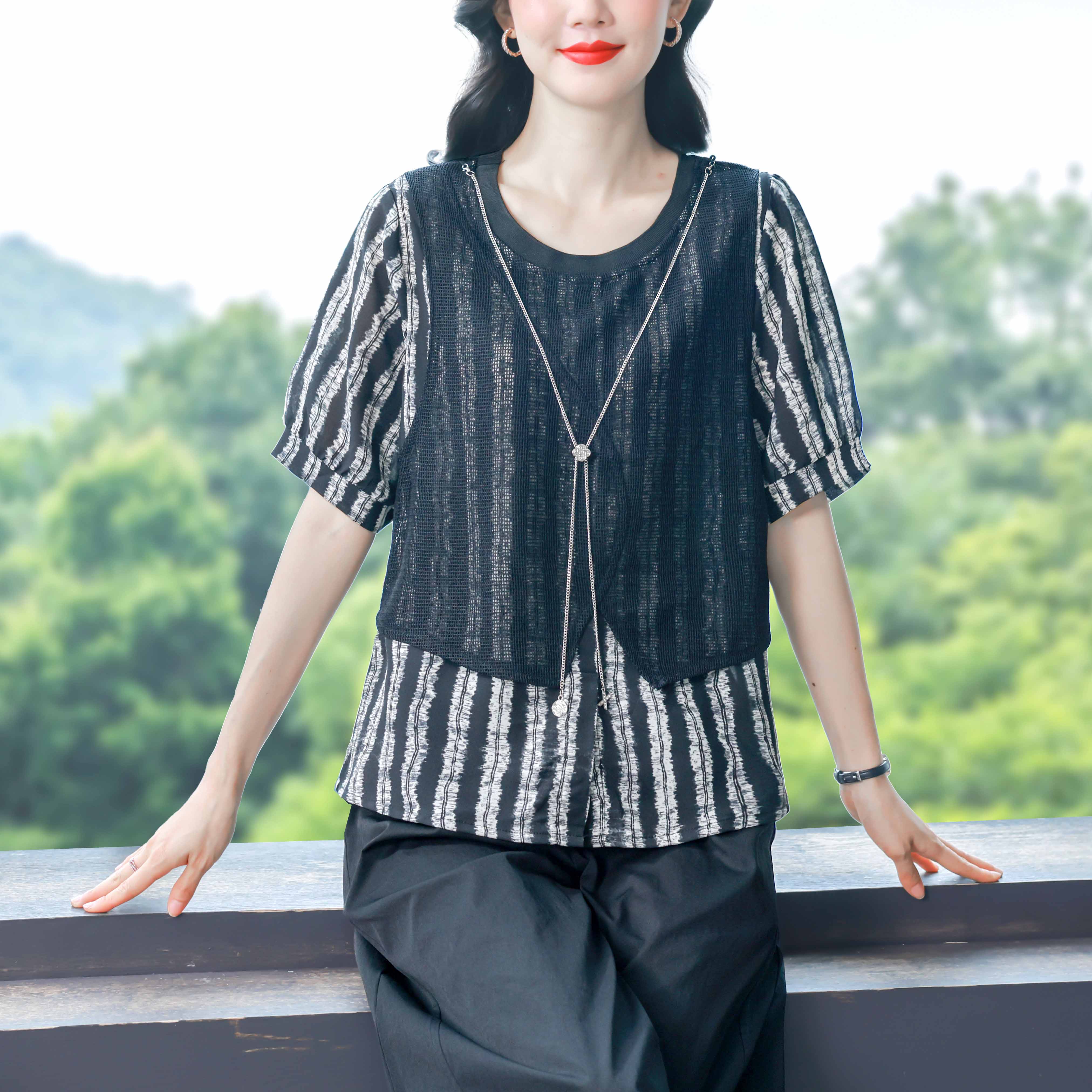 夏新款時尚大碼女裝雪紡拼接網紗假兩件套上衣氣質顯瘦百搭遮肚子