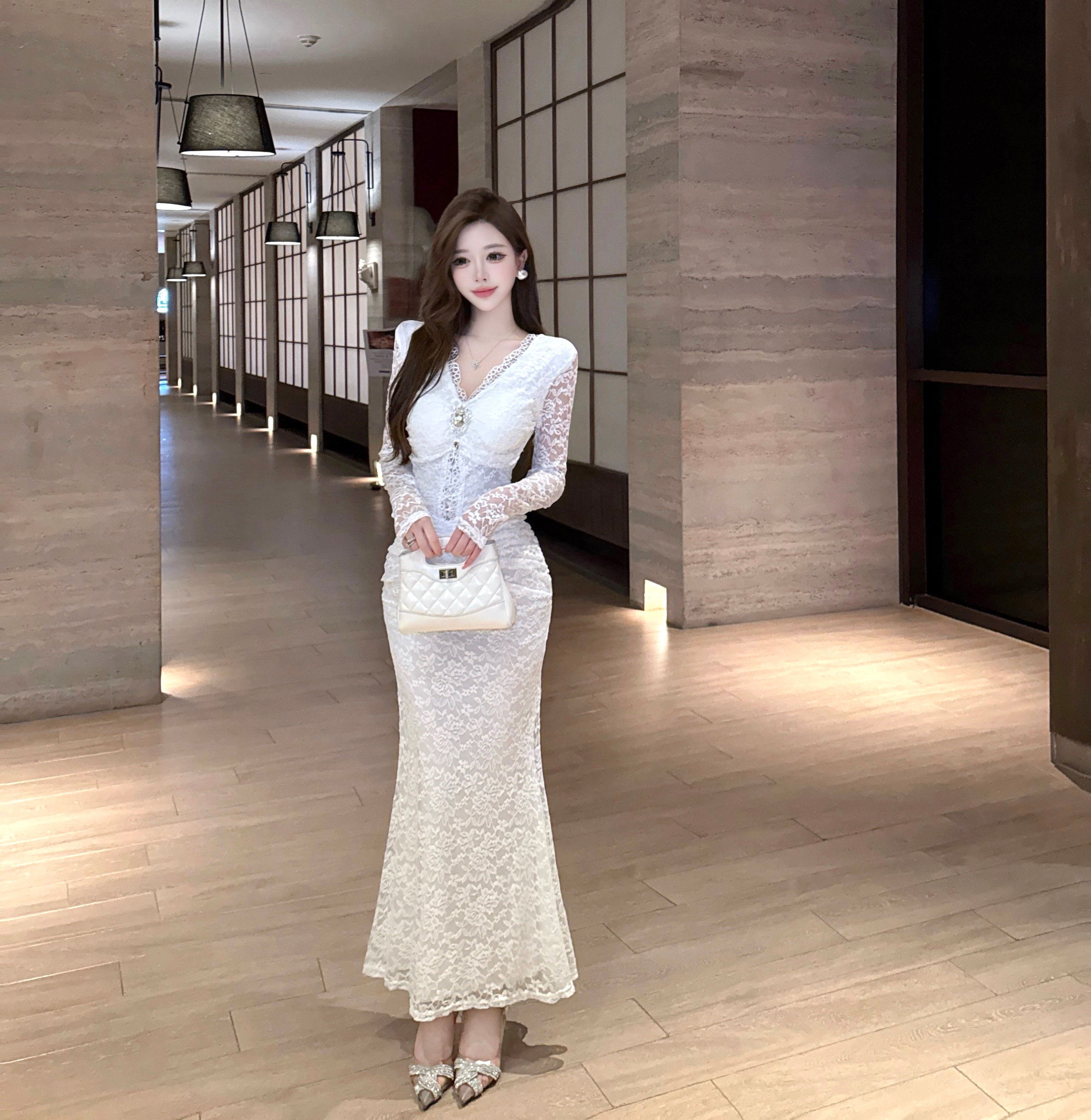 MY15969# 赫小木香风时尚气质v领连衣裙收腰显瘦打底鱼尾裙高级感长裙女裝貨源服裝批發