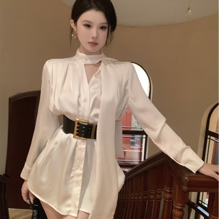 MY15968# 法式气质名媛高级感缎面衬衫连衣裙夏季不规则气质短裙女装女裝貨源服裝批發