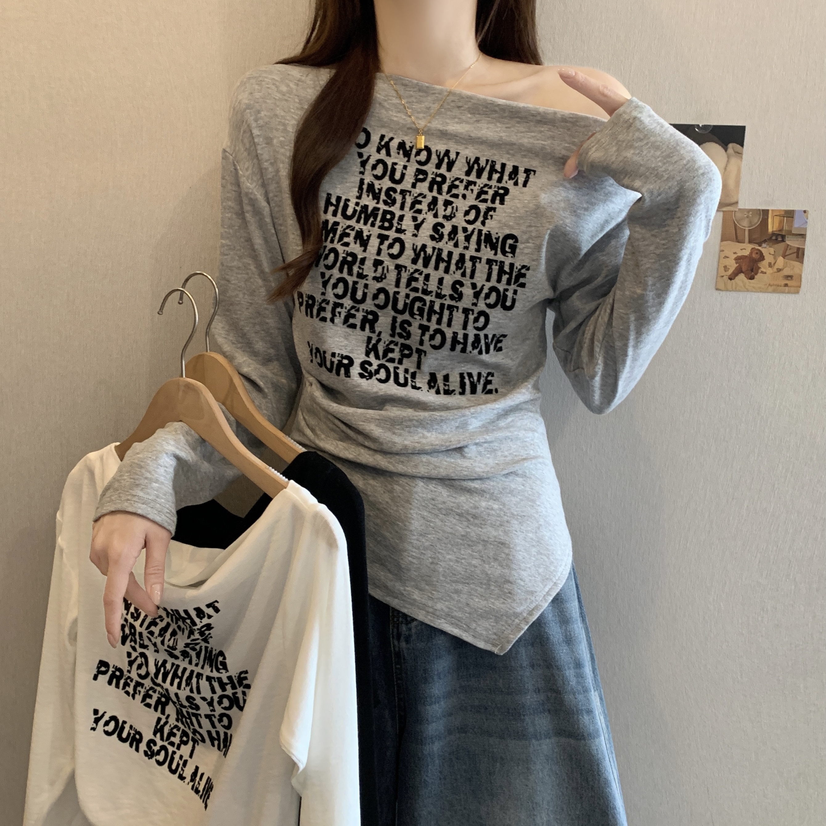 MY12968# 胖MM大码女装新款辣妹一字露肩长袖T恤收腰显瘦上衣女裝貨...