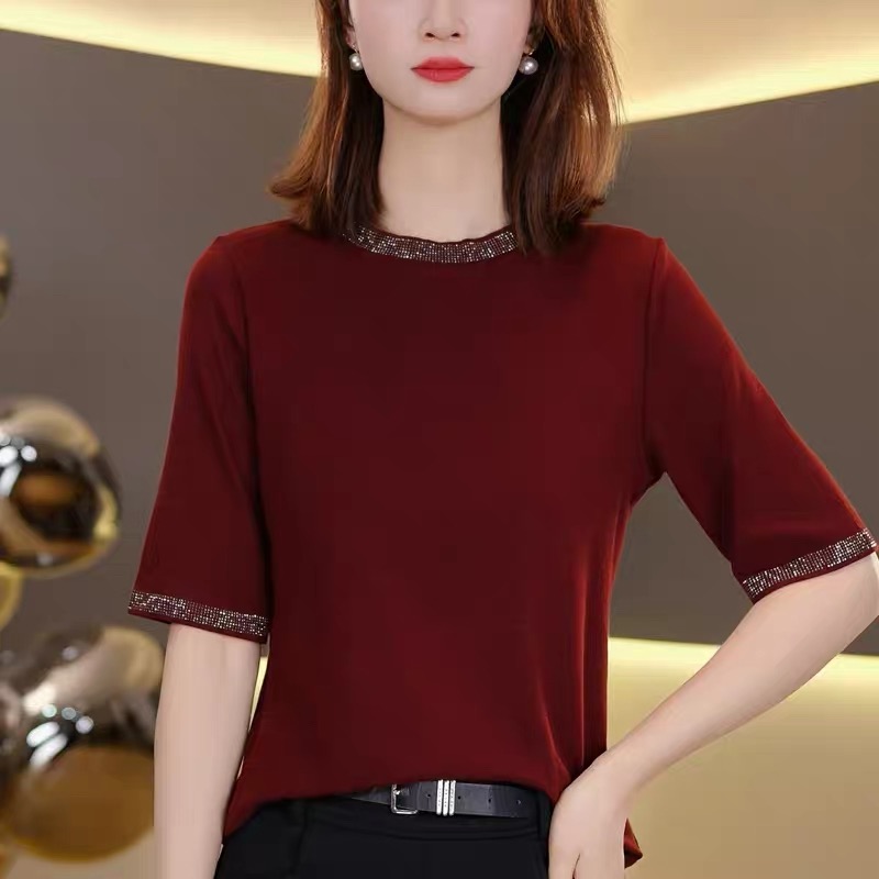 RY816# 2026春夏新款时尚圆领烫钻纯色韩版t恤洋气百搭修身显瘦上衣