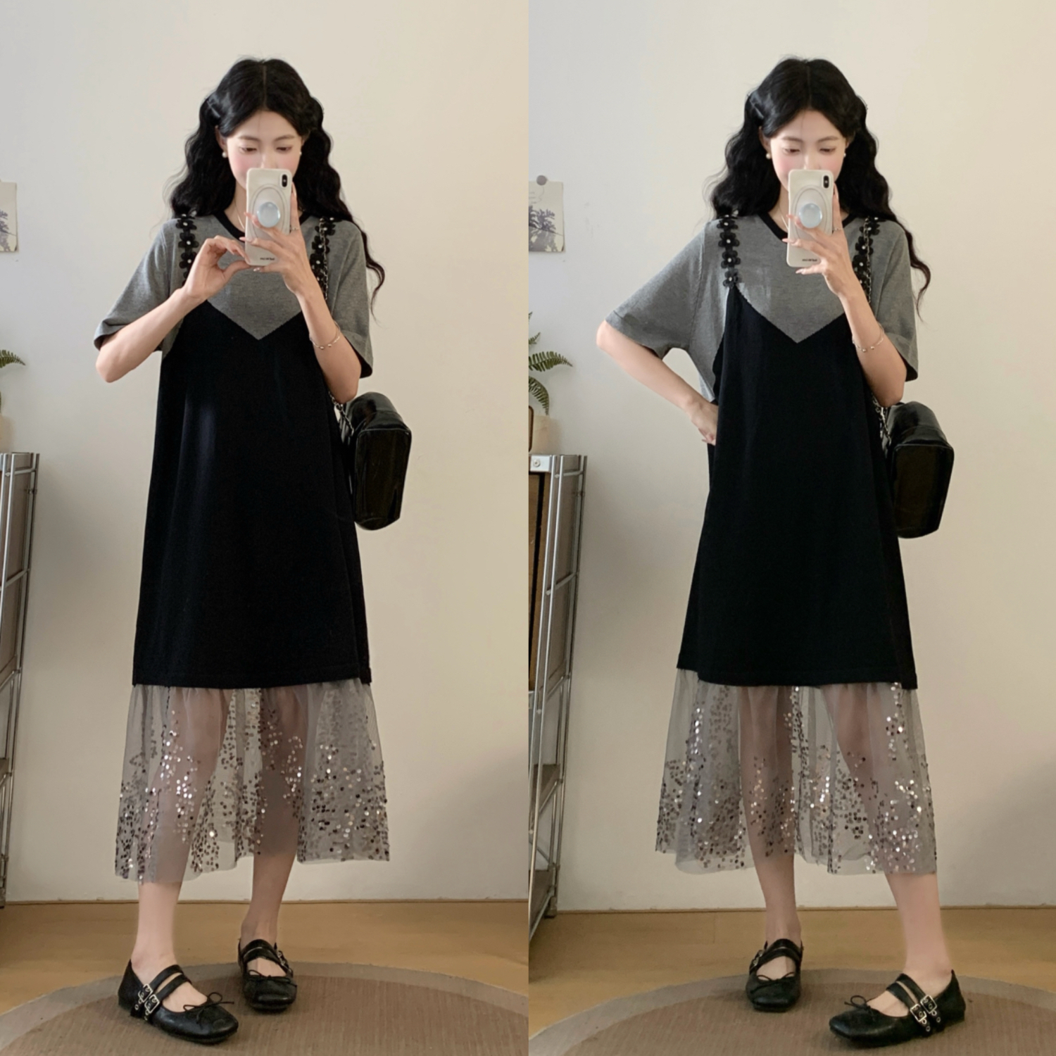 RY2593# 实拍大码女装假两件吊带针织拼接亮闪闪珠片网纱过膝长款连衣裙