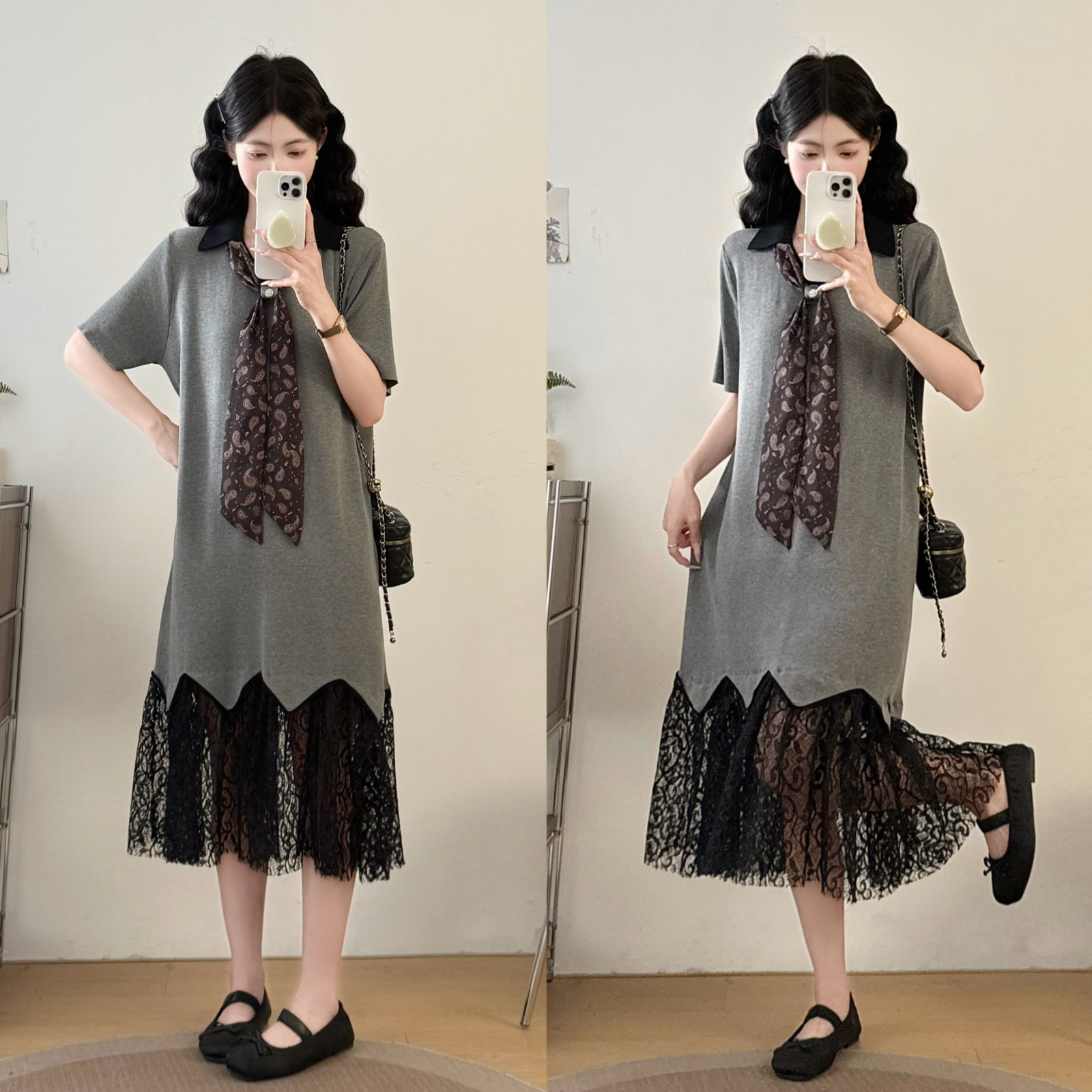 RY2592# 实拍大码女装胖MM减龄针织过膝蕾丝拼接长款夏季带领结连衣裙