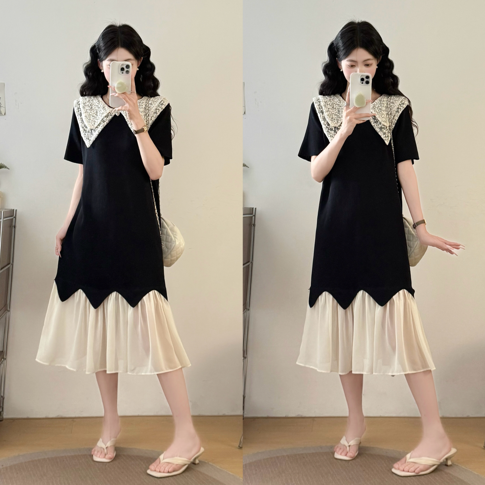 RY2596# 实拍大码女装黑白拼接双层娃娃领针织衫长款过膝显瘦减龄连衣裙