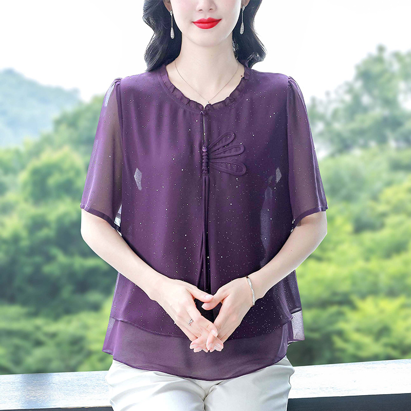 寬松雪紡遮肚子減齡顯瘦上衣闊太太圓領短袖小衫媽媽套頭雪紡衫