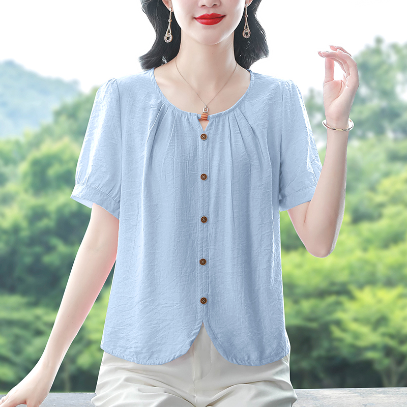 棉麻襯衫女短袖夏季年輕洋氣媽媽裝寬松顯瘦遮肚子上衣百搭小衫