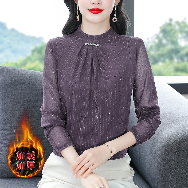 加絨加厚秋冬網紗打底衫亮絲鑲鉆半高領長袖小衫上衣