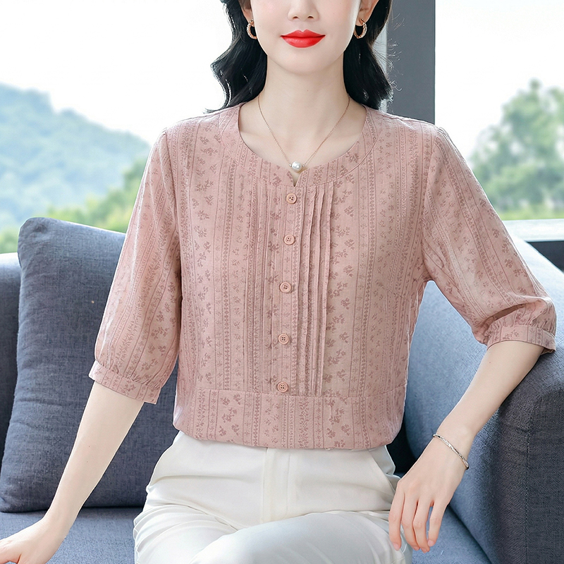 夏季新款寬松大碼棉麻印花五分袖上衣圓領透氣T恤復古休閑小衫