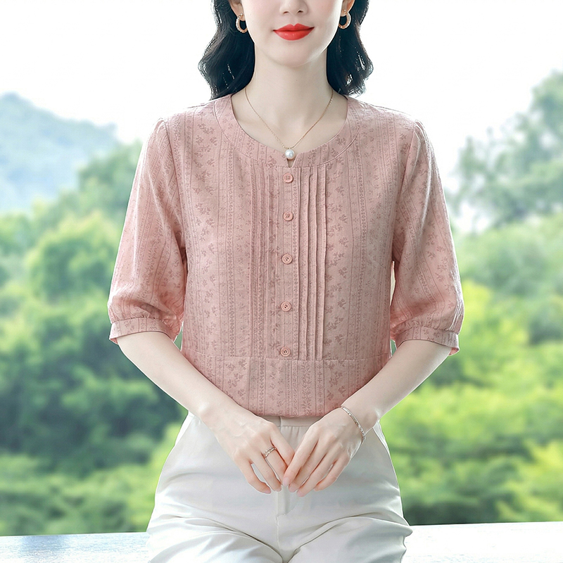 大碼女裝時尚五分袖棉麻上衣夏季新款遮肚子顯瘦小衫圓領T恤