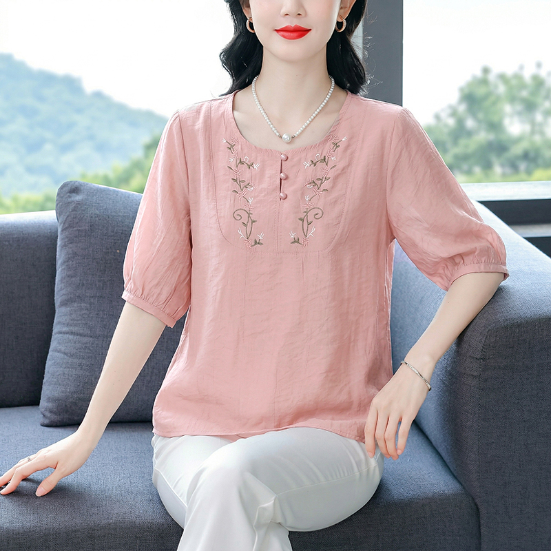 夏季新款大碼女裝棉麻小衫圓領短袖上衣重工刺繡寬松透氣T恤