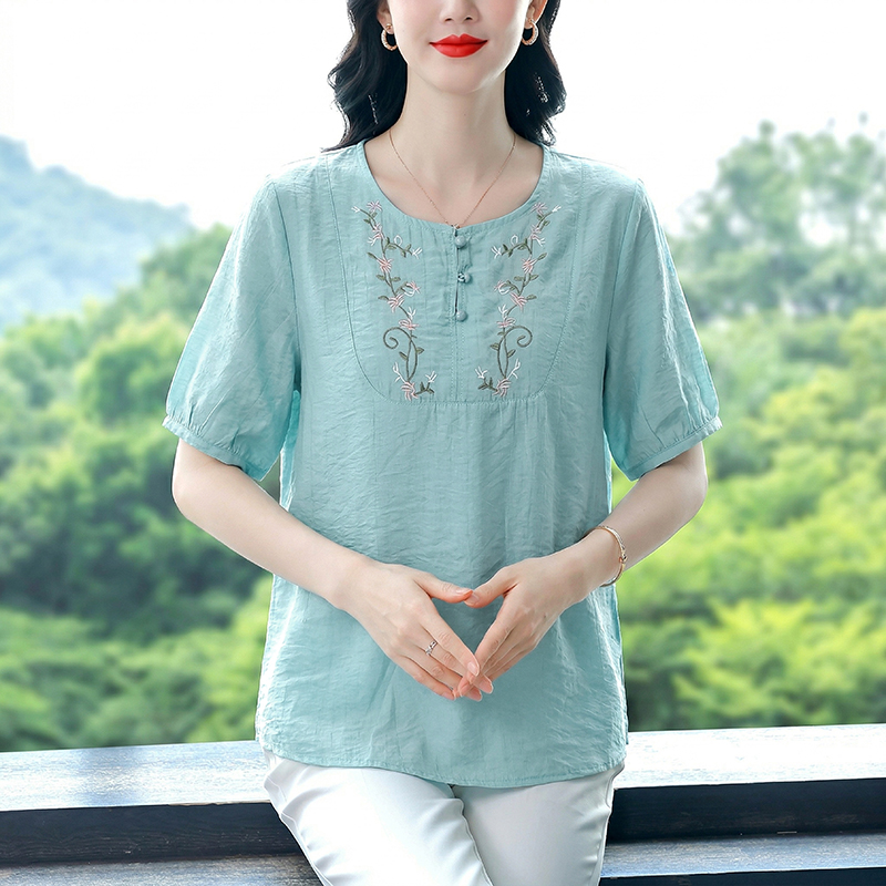 夏季新款大碼女裝棉麻小衫圓領短袖上衣重工刺繡寬松透氣T恤