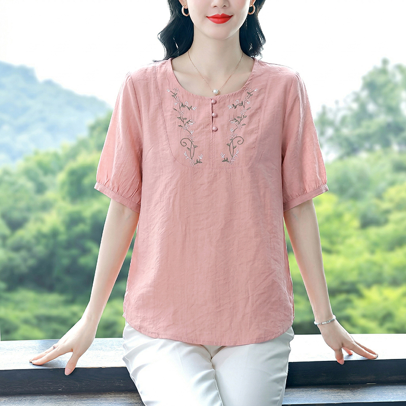夏季新款大碼女裝棉麻小衫圓領短袖上衣重工刺繡寬松透氣T恤