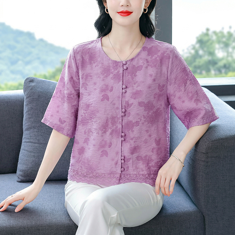 夏季新款大碼女裝棉麻小衫圓領中袖花邊上衣時尚透氣襯衣
