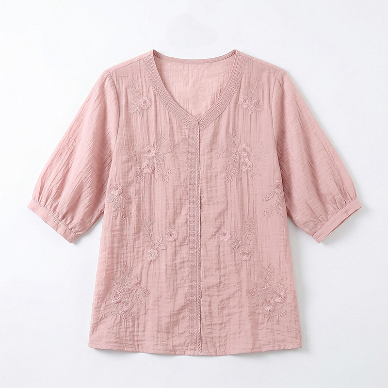 夏季新款大碼女裝棉麻上衣時尚重工刺繡V領五分袖小衫寬松透氣