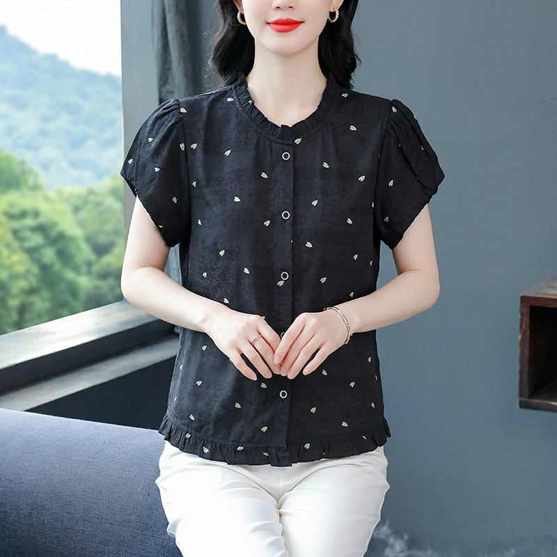 夏季新款大碼女裝圓領上衣木耳花邊減齡短袖襯衫愛心圖案小衫