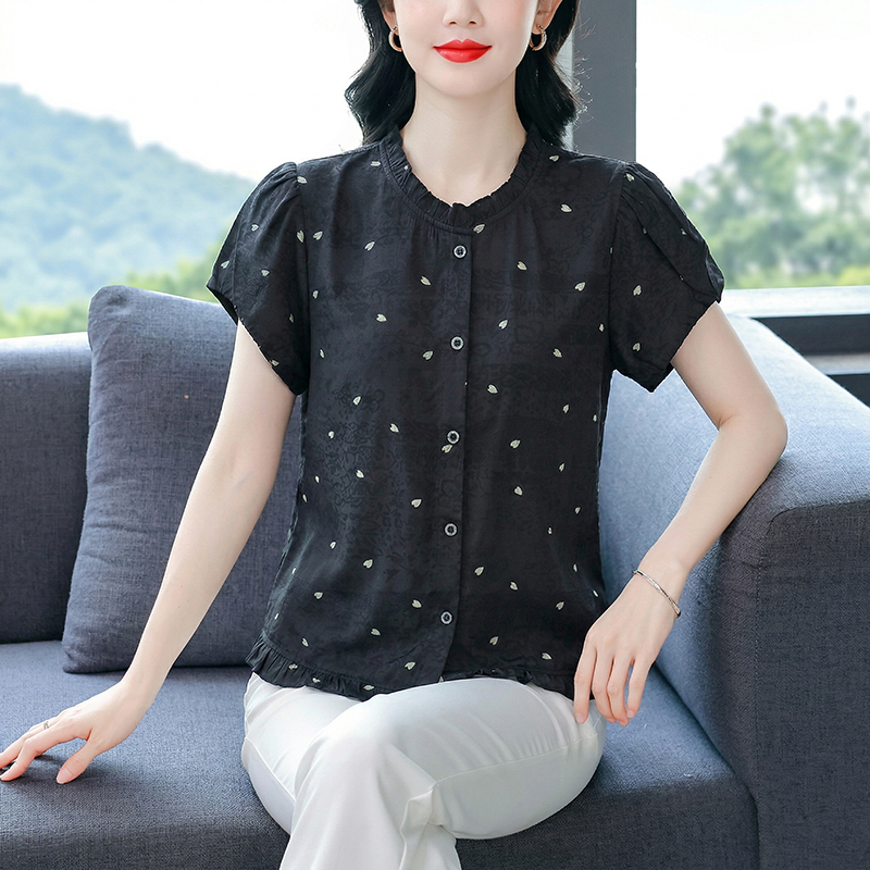 夏季新款大碼女裝圓領上衣木耳花邊減齡短袖襯衫愛心圖案小衫