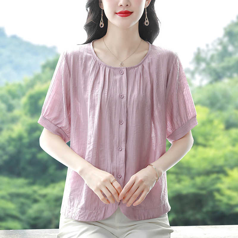 只有粉色 夏季圓領寬松短袖上衣舒適透氣天絲棉麻襯衣大碼女裝
