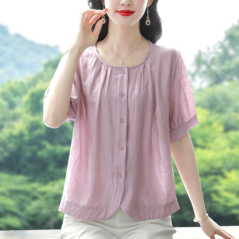 只有粉色 夏季圓領寬松短袖上衣舒適透氣天絲棉麻襯衣大碼女裝