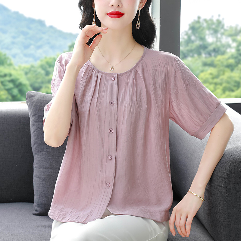 只有粉色 夏季圓領寬松短袖上衣舒適透氣天絲棉麻襯衣大碼女裝