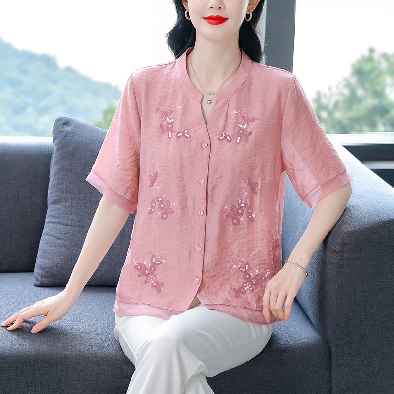 大碼女裝短袖上衣女夏裝新款棉麻氣質小衫時尚印花中袖v領襯衫