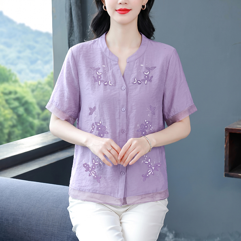 大碼女裝短袖上衣女夏裝新款棉麻氣質小衫時尚印花中袖v領襯衫