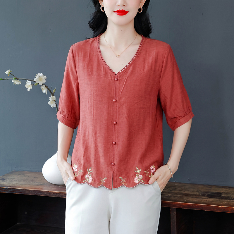 有貨  夏季新款高端刺繡棉麻女短袖薄款夏季襯衣開衫