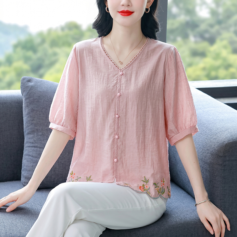 有貨  夏季新款高端刺繡棉麻女短袖薄款夏季襯衣開衫