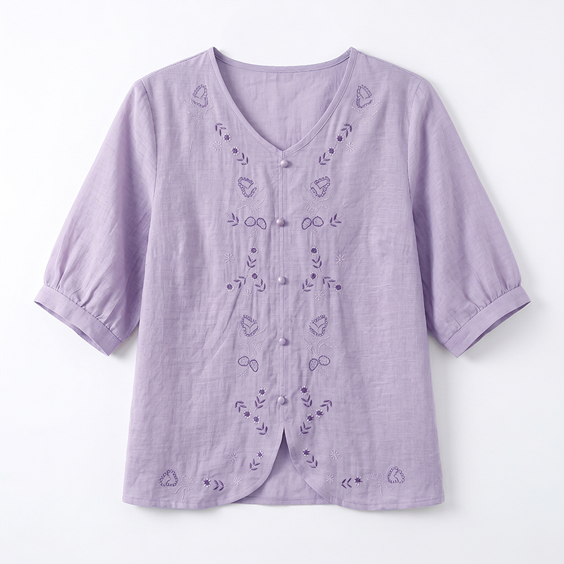 夏季新款大碼女裝棉麻上衣寬松透氣刺繡小衫短袖V領媽媽裝