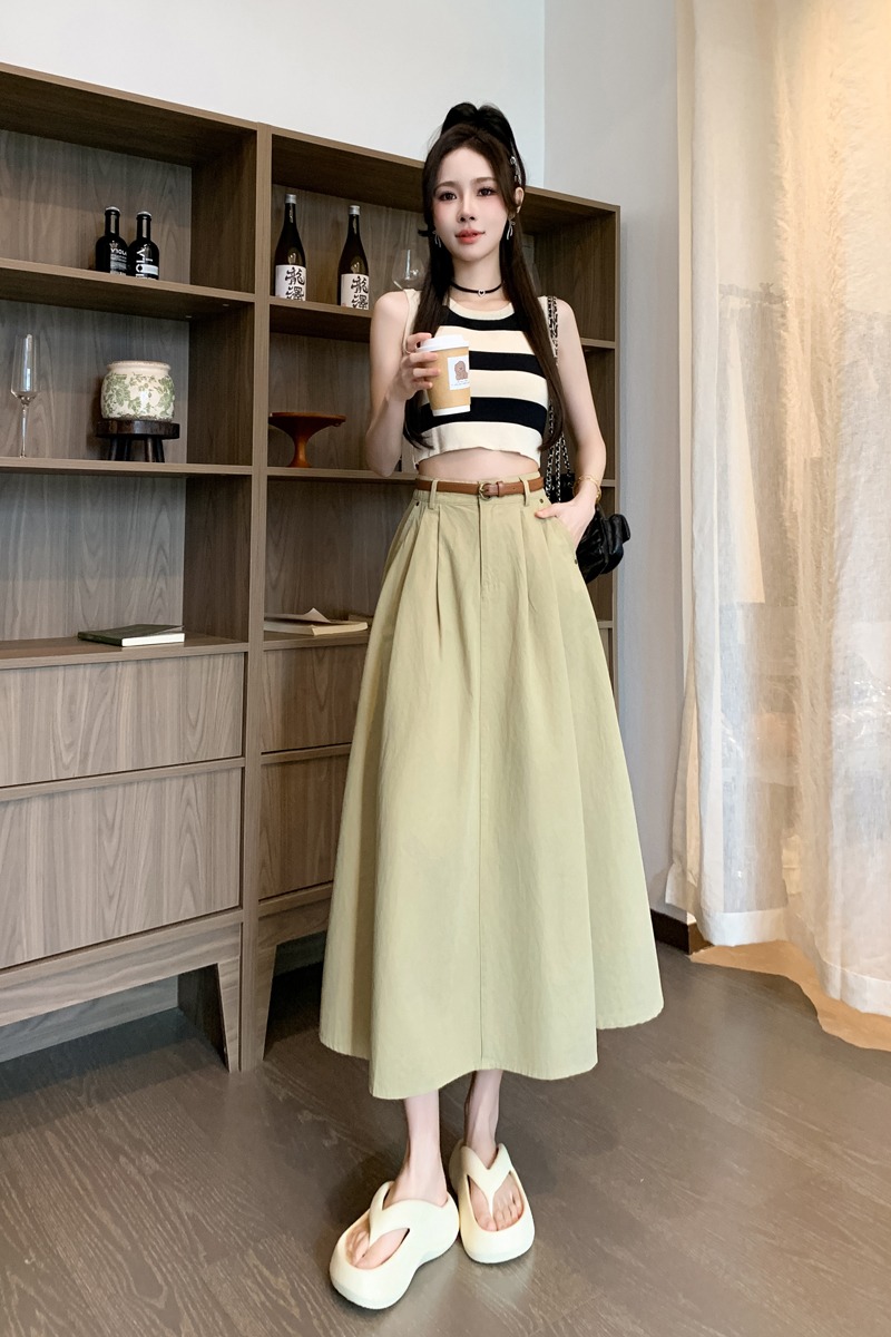 中長款半身裙女202秋新高腰A字大擺休閑OL過膝傘裙百褶長裙