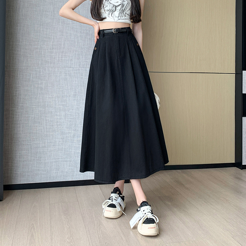 中長款牛仔半身裙女2025秋新高腰A字大擺OL過膝傘裙百褶長裙