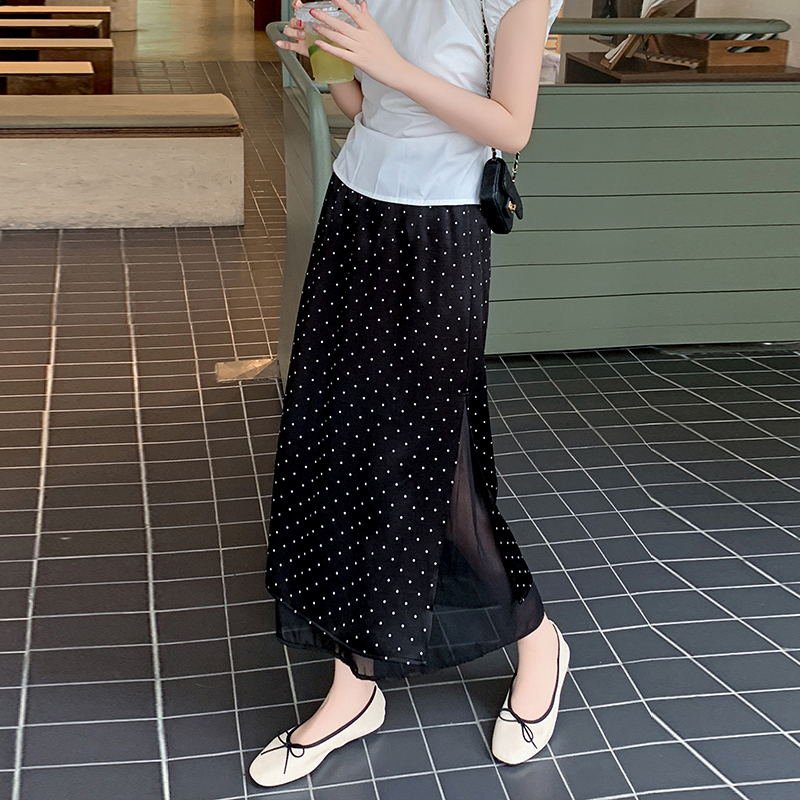 2025新款圓點醋酸法式緞面流光質感a字波點印花直筒半身裙女