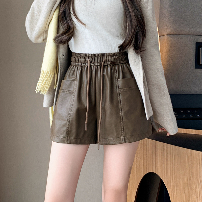 MY12025# PU皮短裤女冬新款新款外穿松紧腰皮裤宽松高腰阔腿裤靴裤女...
