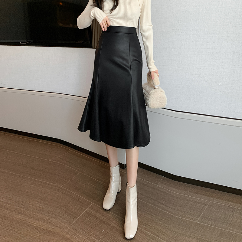 2025冬裝韓版中長款魚尾皮裙不規則垂墜感大擺PU皮中長裙子女