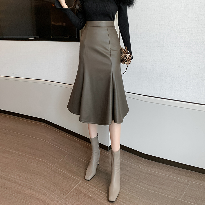 2025冬裝韓版中長款魚尾皮裙不規則垂墜感大擺PU皮中長裙子女