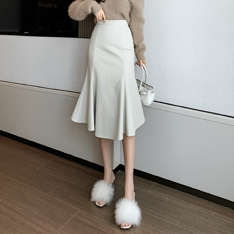 2025冬裝韓版中長款魚尾皮裙不規則垂墜感大擺PU皮中長裙子女