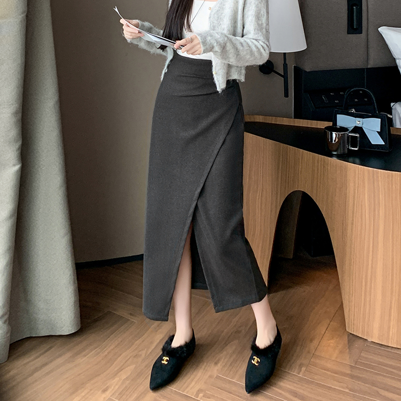 毛呢半身裙女2025冬新款中長款遮肚子呢子高腰不規則百褶長裙