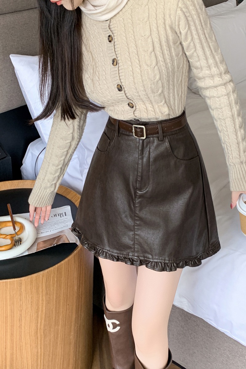 皮裙女2025秋冬防走光褲裙木耳邊擺半身裙pu皮短裙高腰a字裙