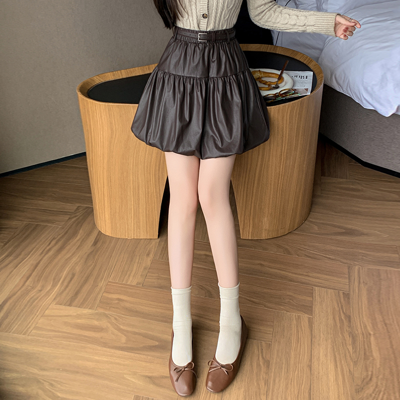 皮裙女2025秋冬防走光褲裙花苞半身裙pu皮短裙高腰a字裙腰帶