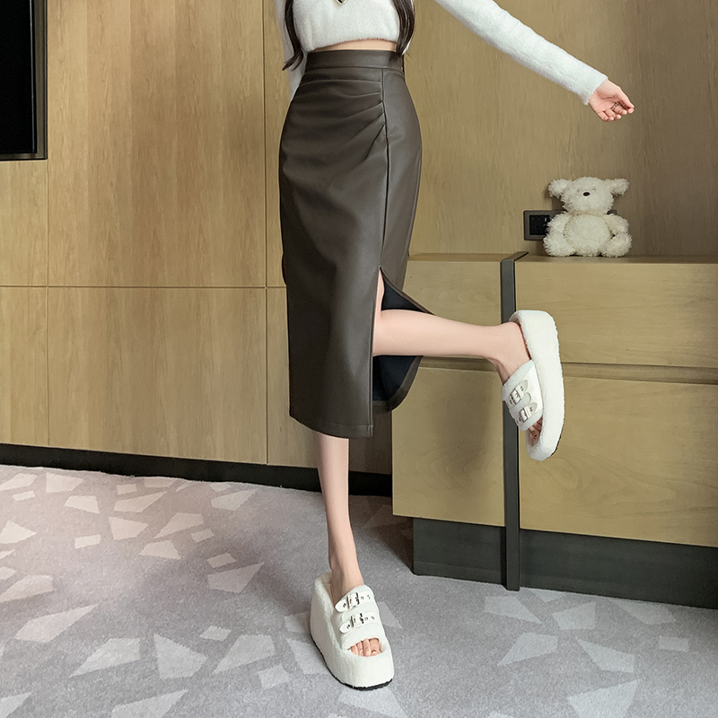 半身裙女2025秋冬pu包臀高腰百褶中長款裙子設計感褶皺小皮裙